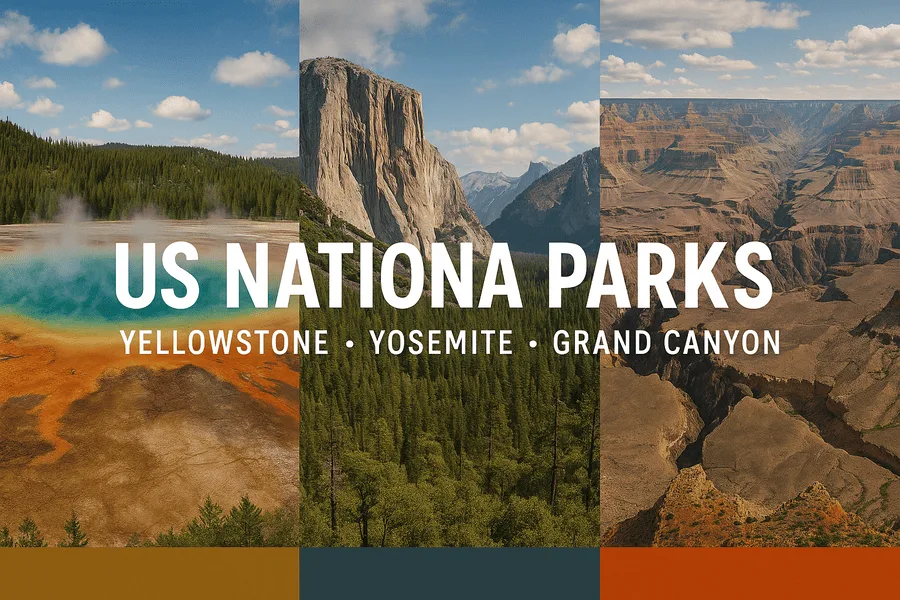 Yellowstone and Grand Canyon national parks with scenic mountain and canyon views, and a map of the parks.