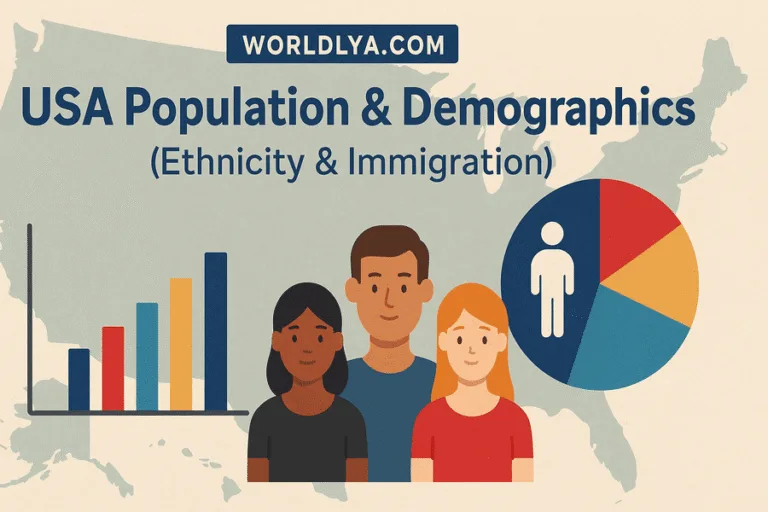 Map showing the USA flag and a pie chart representing population demographics and immigration in the country.
