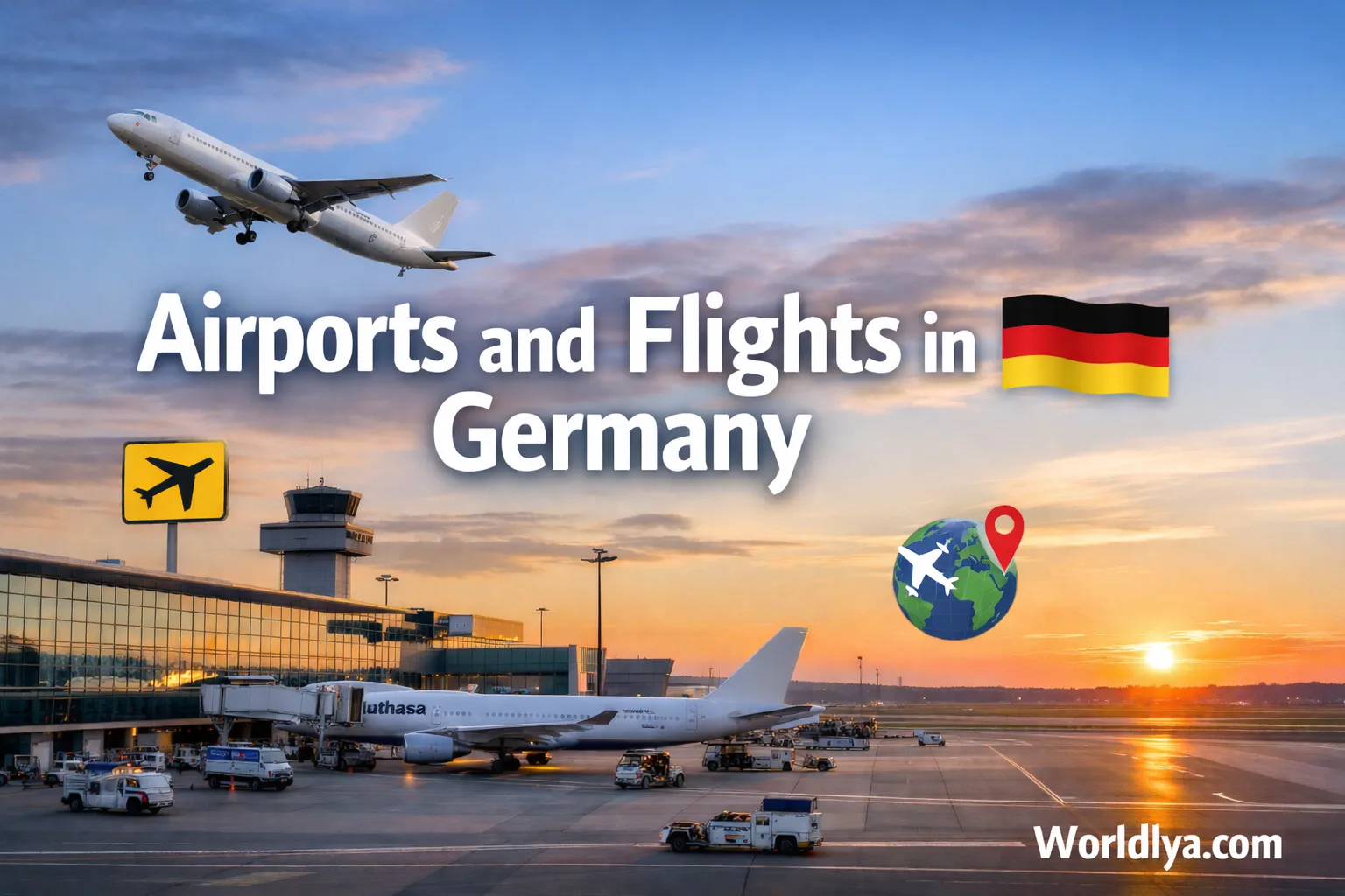 Germany airports feature airplanes and a city skyline at sunset.