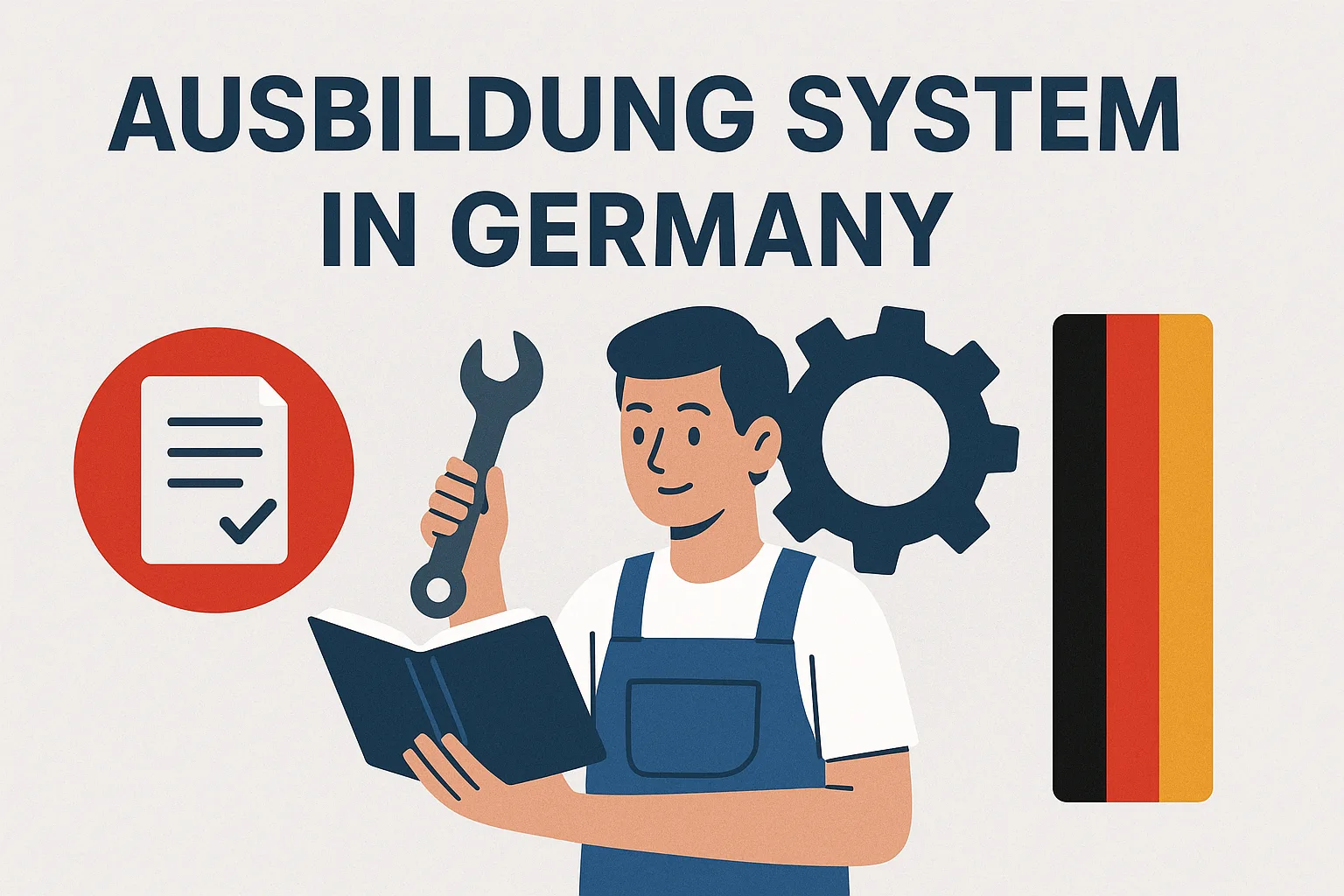 A person holding a clipboard with coins and a gear symbol, illustrating the Ausbildung system in Germany.