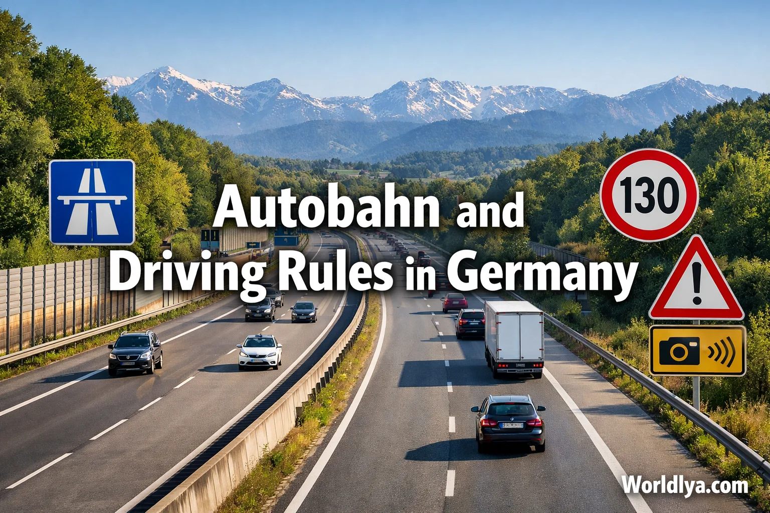 Cars travel on the autobahn in Germany with a speed limit sign visible on the roadside.