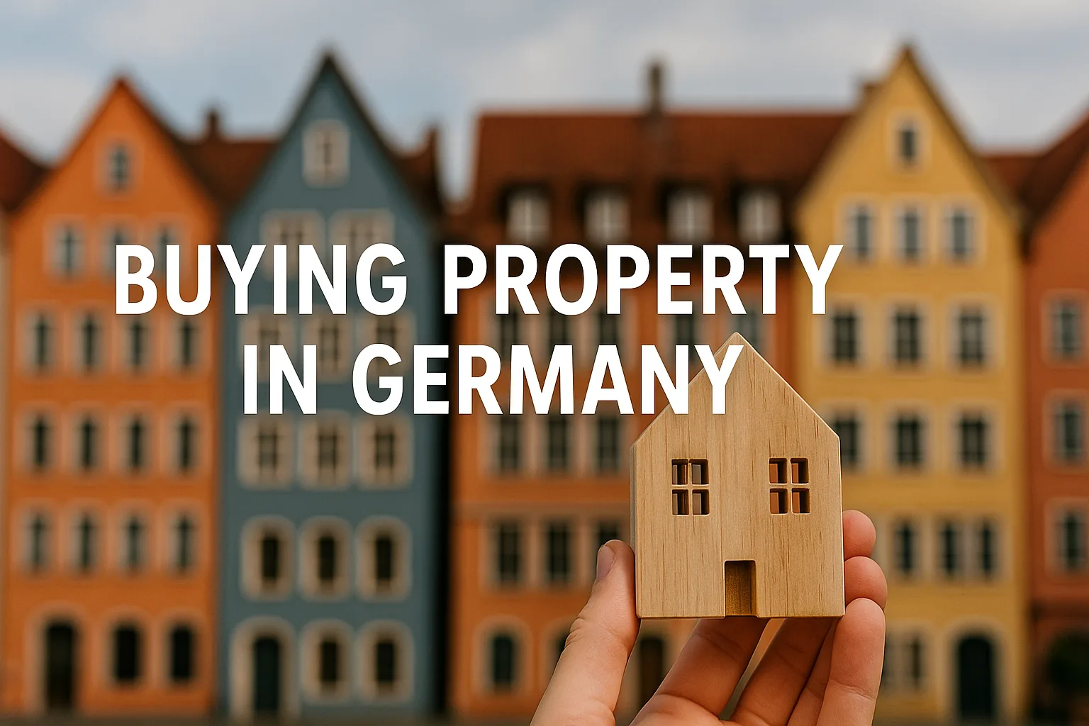 A small house model held in front of colorful buildings, illustrating property in Germany.