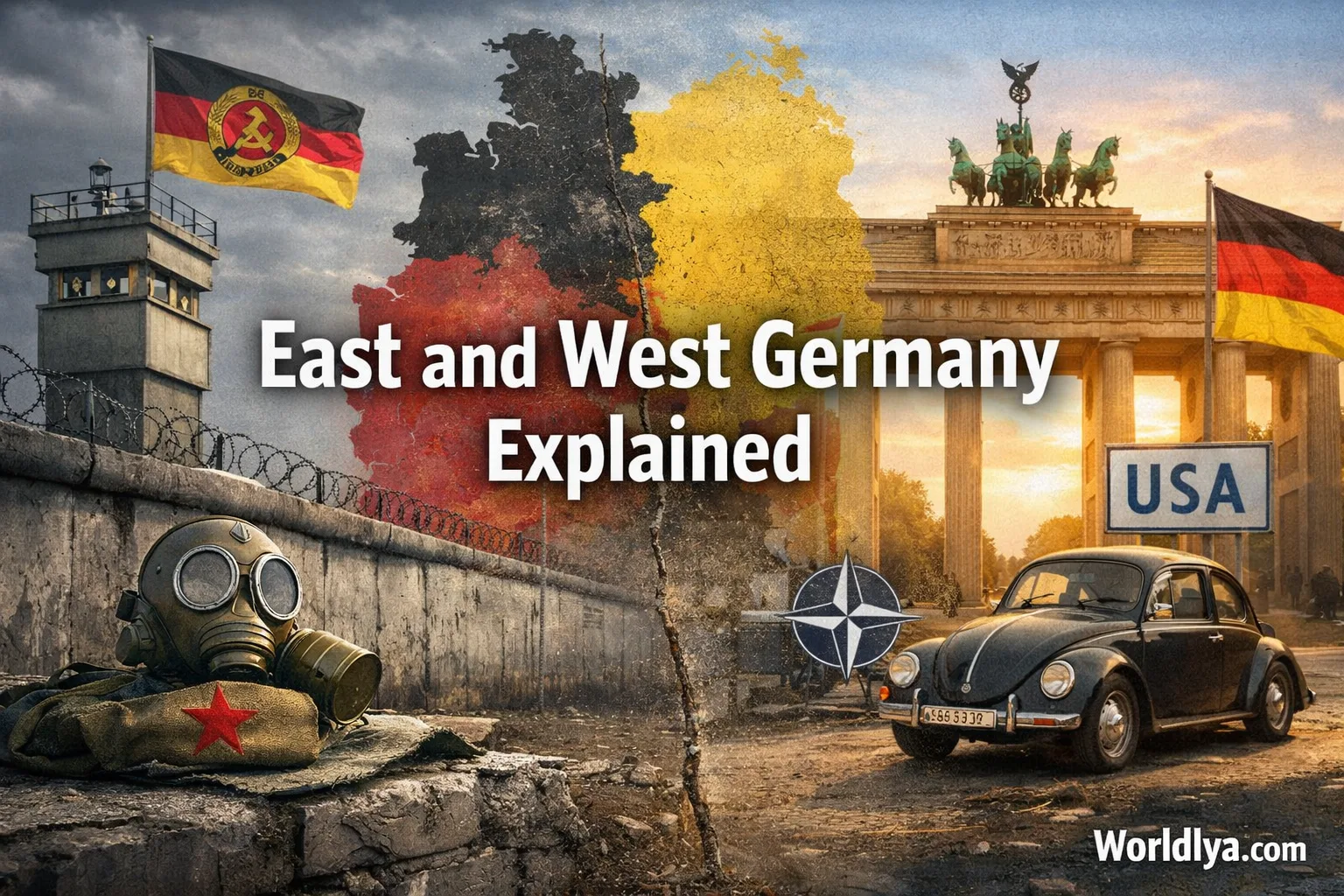 Map showing East and West Germany with historical coins in the foreground.