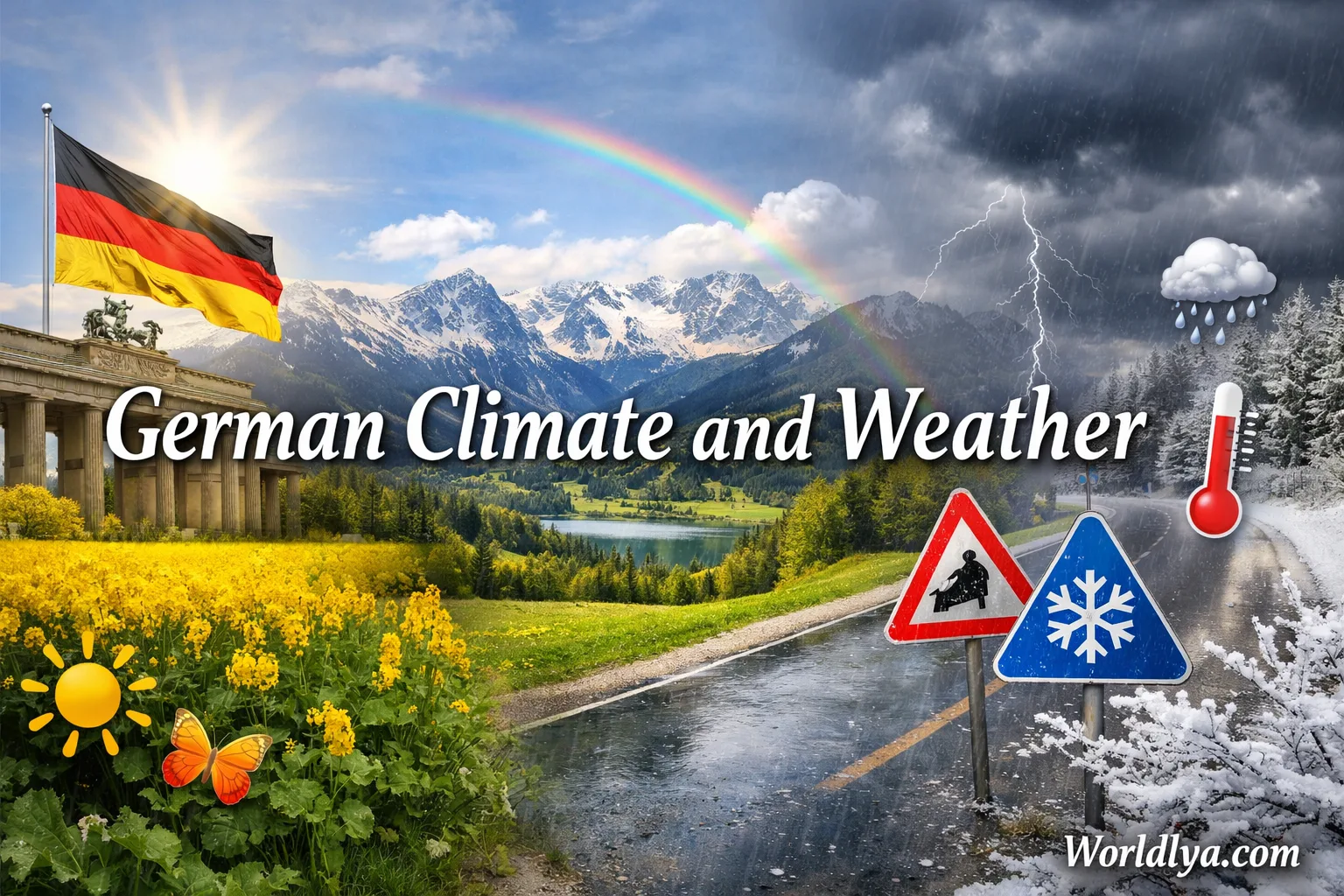 A rainbow over green fields and a road sign in Germany, illustrating the country's diverse climate and weather patterns.