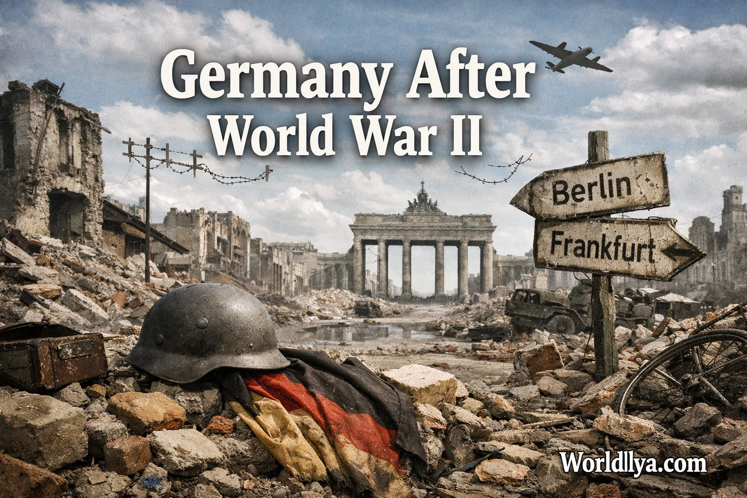 A battlefield scene from Germany after WW2 showing a helmet and coins among ruins.