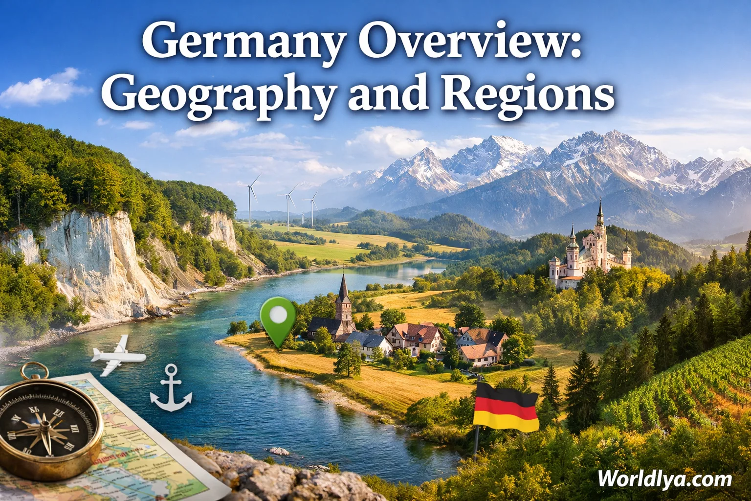 Germany overview with a scenic river, mountains, and flags representing different regions, highlighting geography.