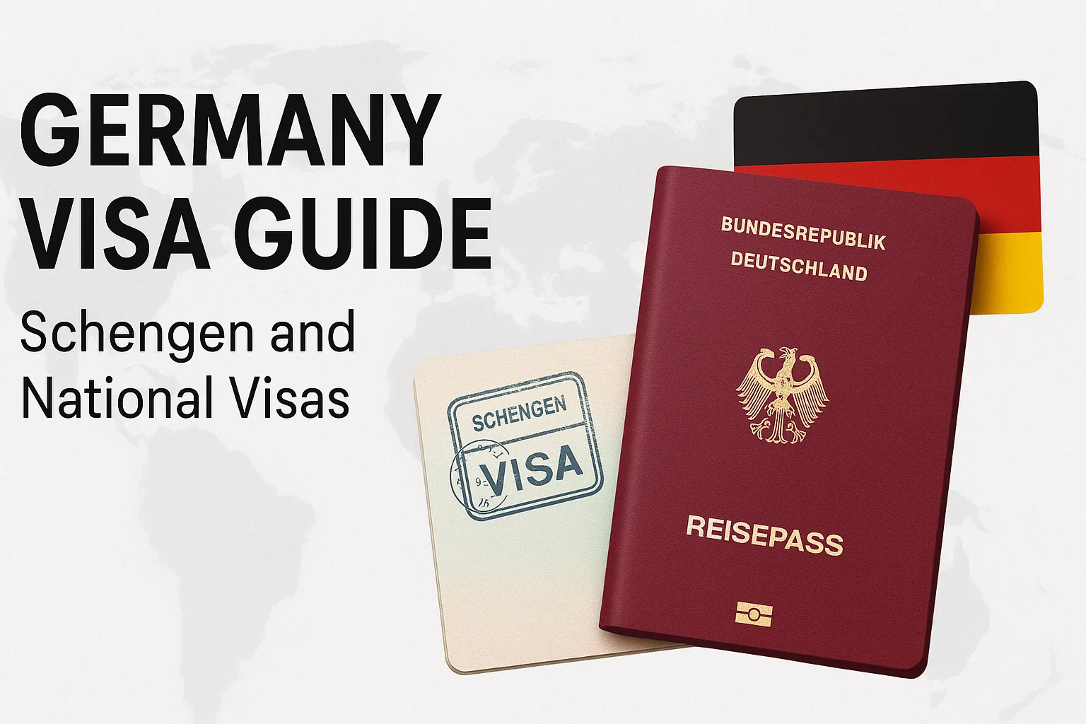 Germany visa guide with a red passport and a Schengen visa document on a white background.