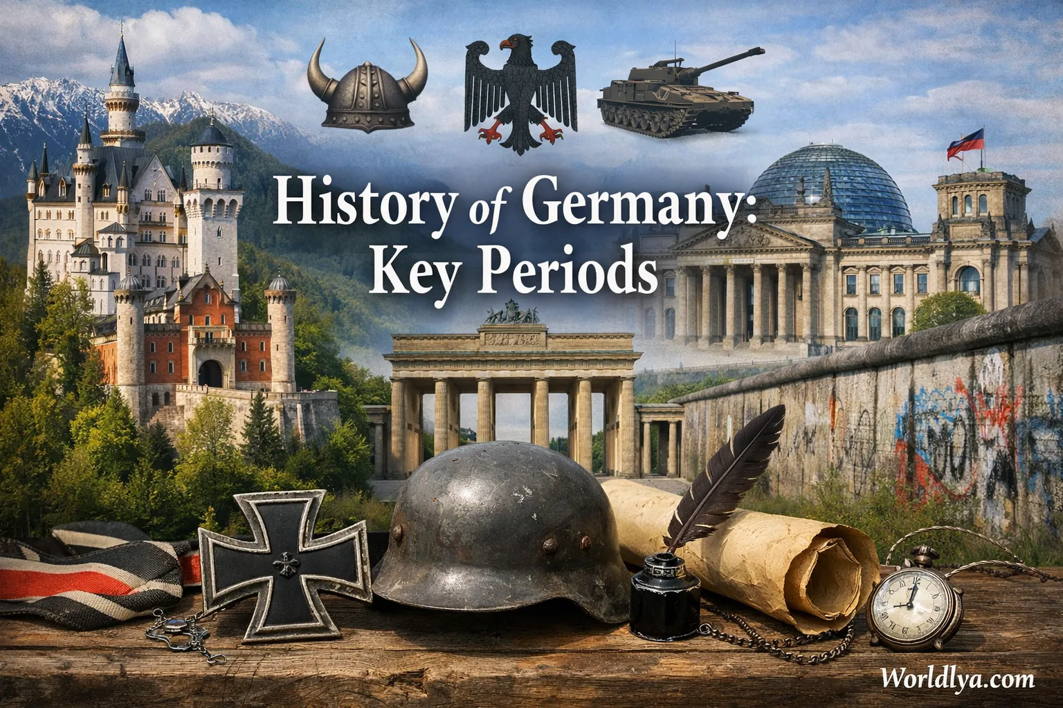 A collection of coins, a helmet, and a German flag in front of historical landmarks illustrating Germany's history.