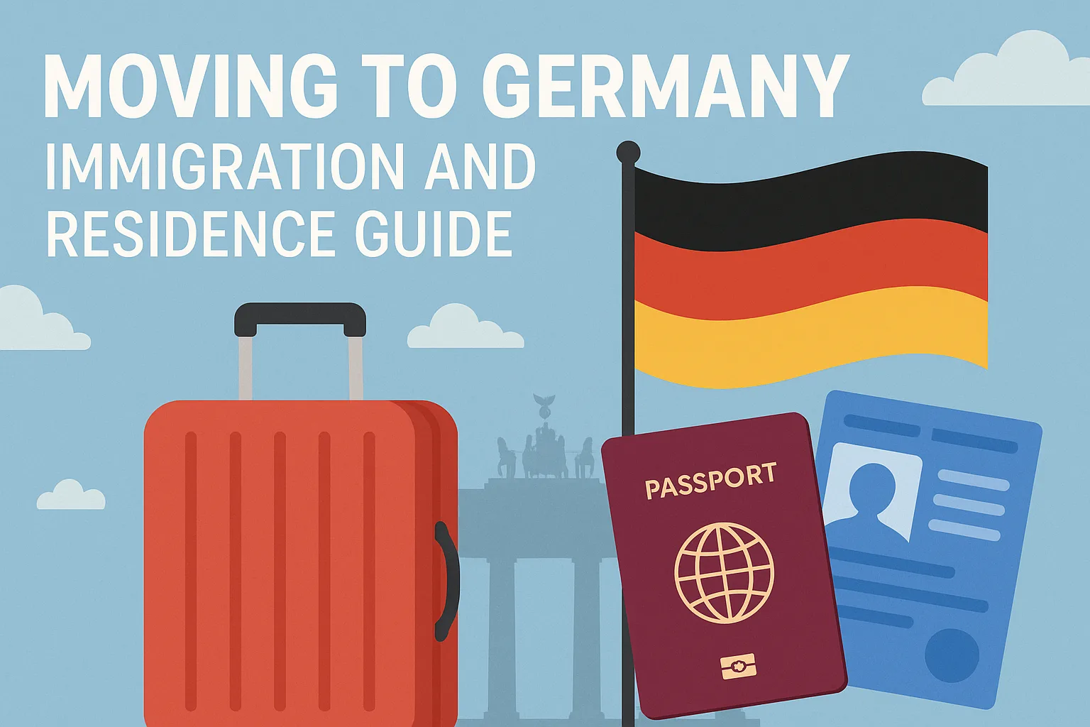 A passport, a suitcase, and a German flag symbolize moving to Germany.
