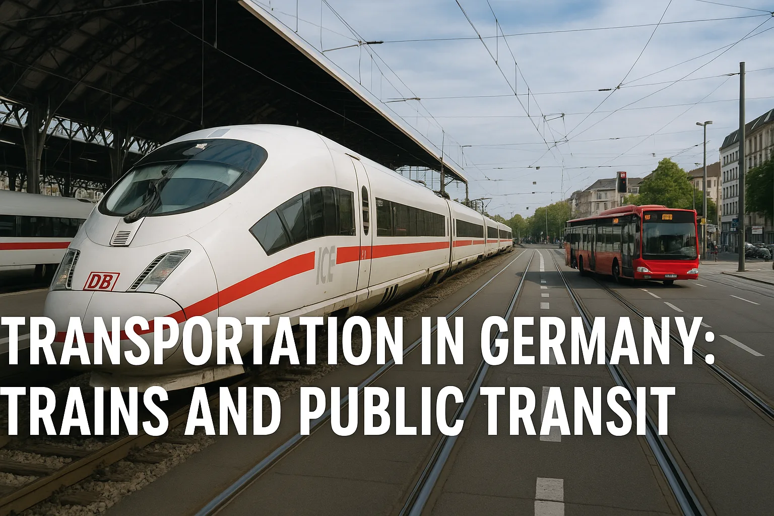 A high-speed train stops at a station in Germany with a view of a city skyline in the background.