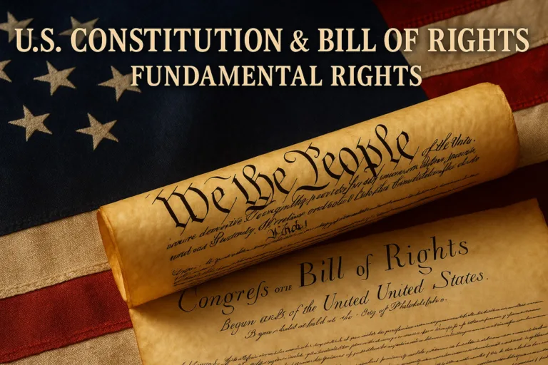The U.S. Constitution and Bill of Rights with an image of a scroll and a stack of coins.
