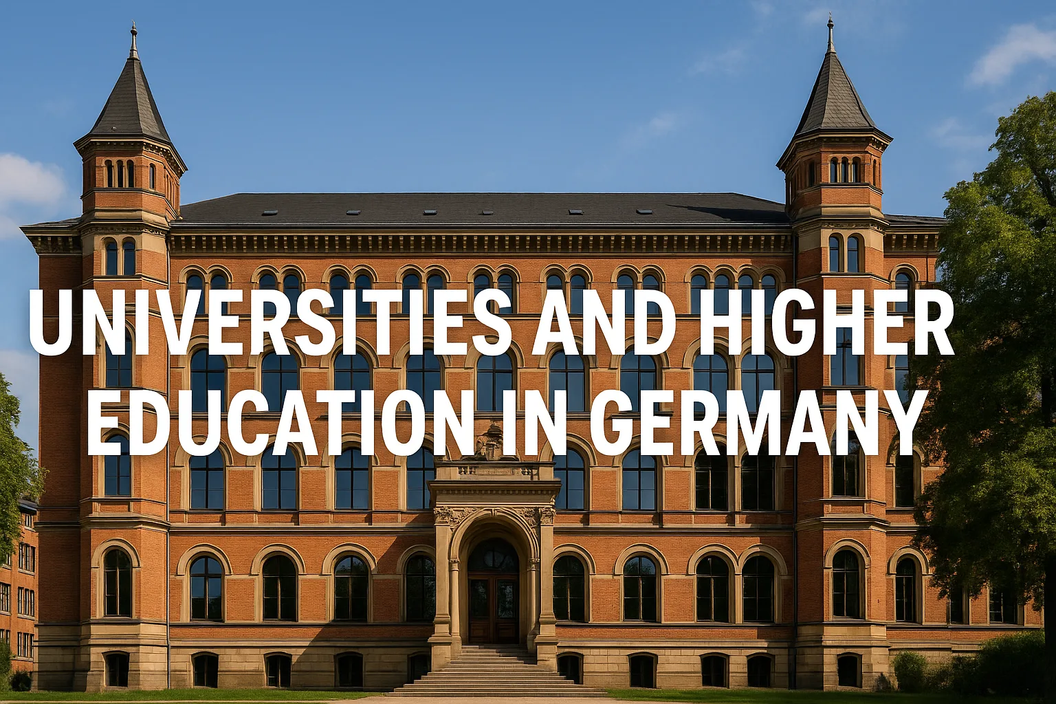 Germany's universities in Germany with a historic brick campus building and a stack of books.