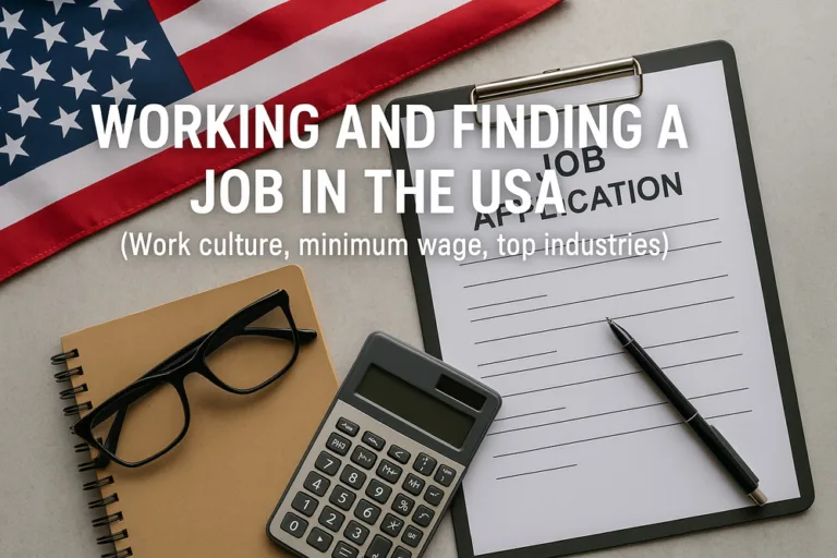 A calculator and a sheet of paper on a desk, with the American flag in the background, related to working and finding a job i…
