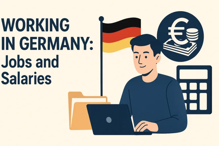 A person working on a laptop with a German flag and a Euro coin in the background, illustrating working in Germany.