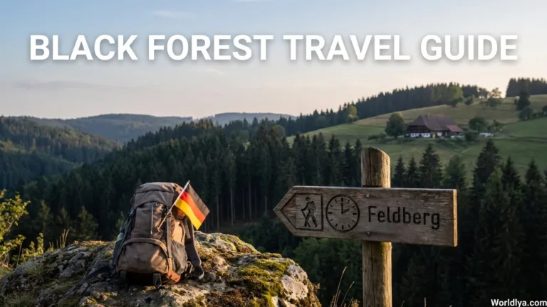 A map of Black Forest Germany with hiking trail signs and a view of the forest in the background.