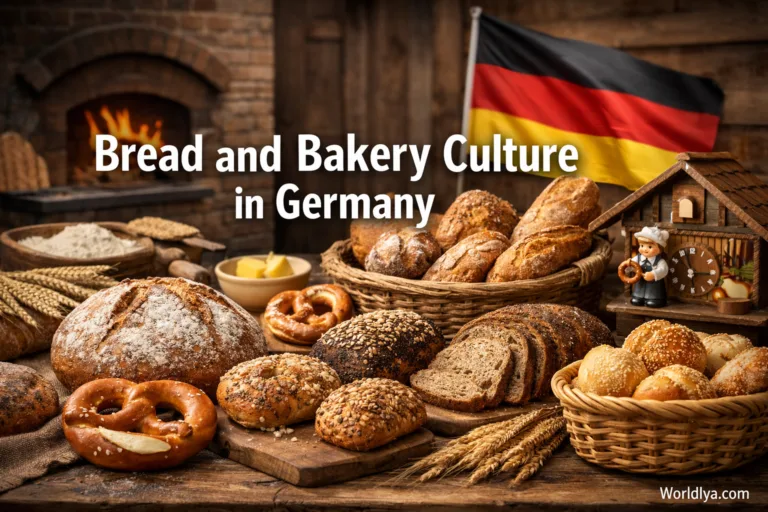 A collection of traditional German bread and bakery products displayed on a table with a German flag in the background.
