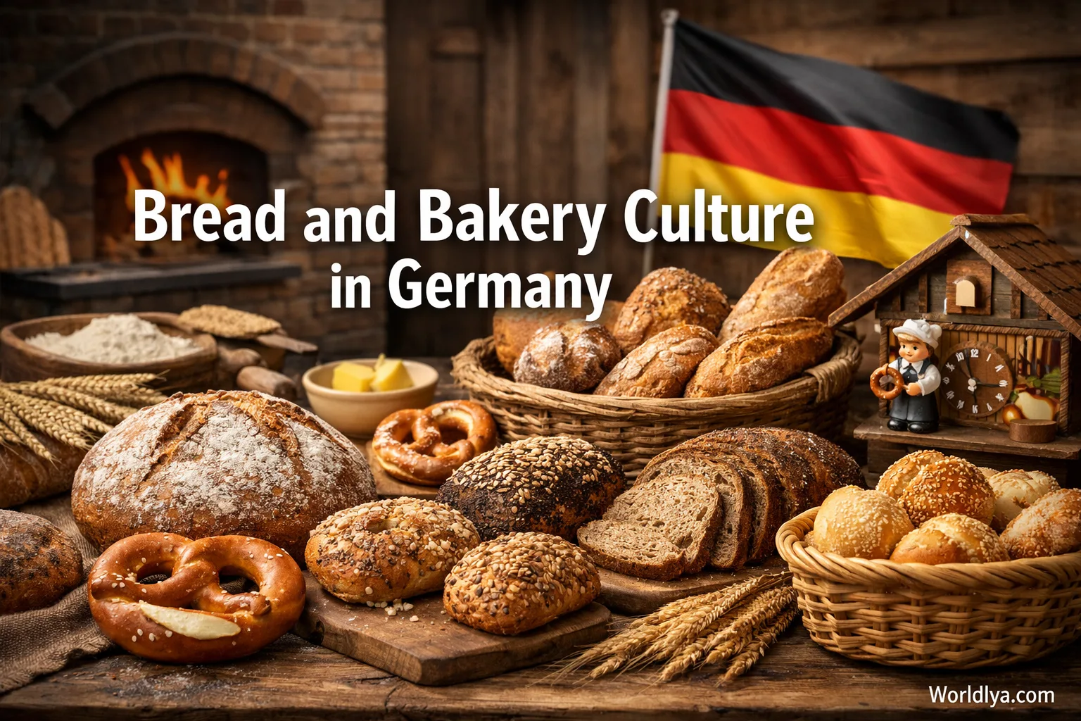 A collection of traditional German bread and bakery products displayed on a table with a German flag in the background.