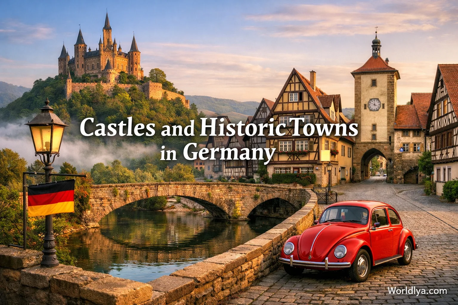 A view of a historic German town with colorful buildings, a bridge, and coins on a table in the foreground.