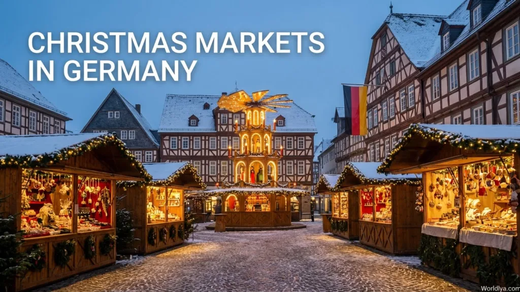Colorful Christmas market stalls line a city square in Germany with historic buildings in the background.