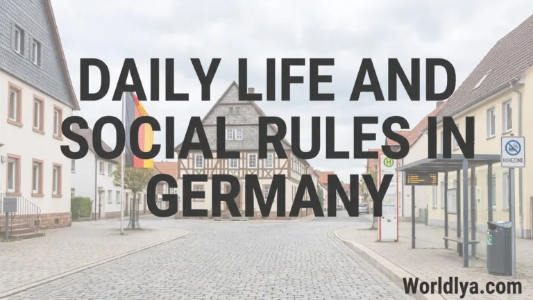 A street scene in Germany with people walking beside a row of buildings and coins on the ground.