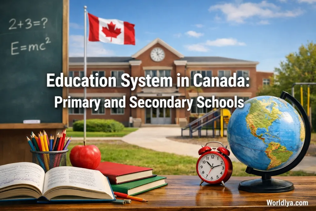 A classroom with a globe, books, and a clock illustrating the Canada school system.