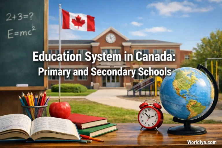 A classroom with a globe, books, and a clock illustrating the Canada school system.
