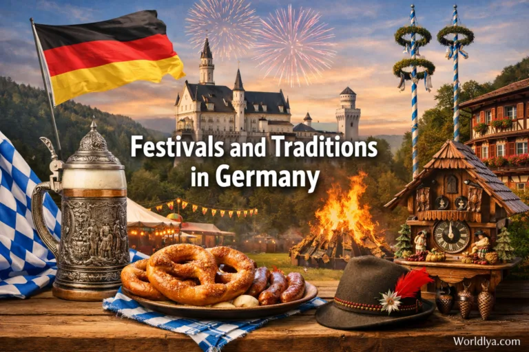 Colorful German festival scene with flags, traditional food, and fireworks in the background.