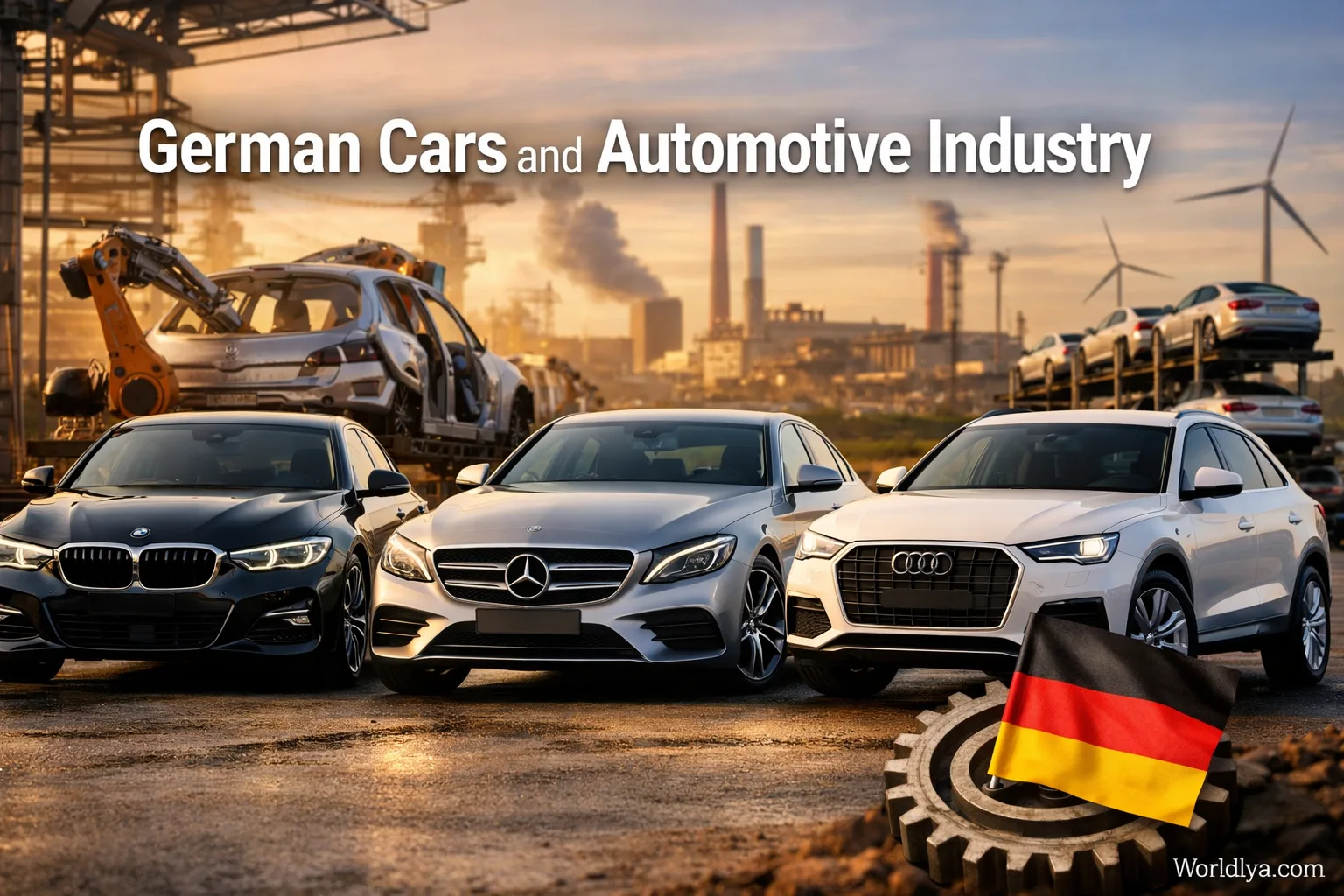 German cars on display with a city skyline and a German flag in the background.