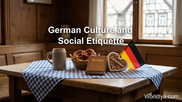 A German flag, a calendar, and traditional cookies on a table representing German culture and social etiquette.