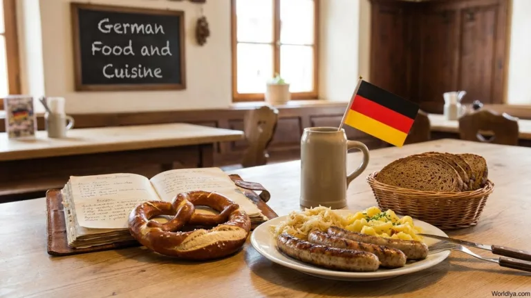 A plate of German food on a table with a flag, featuring sausages, bread, and a beer mug.