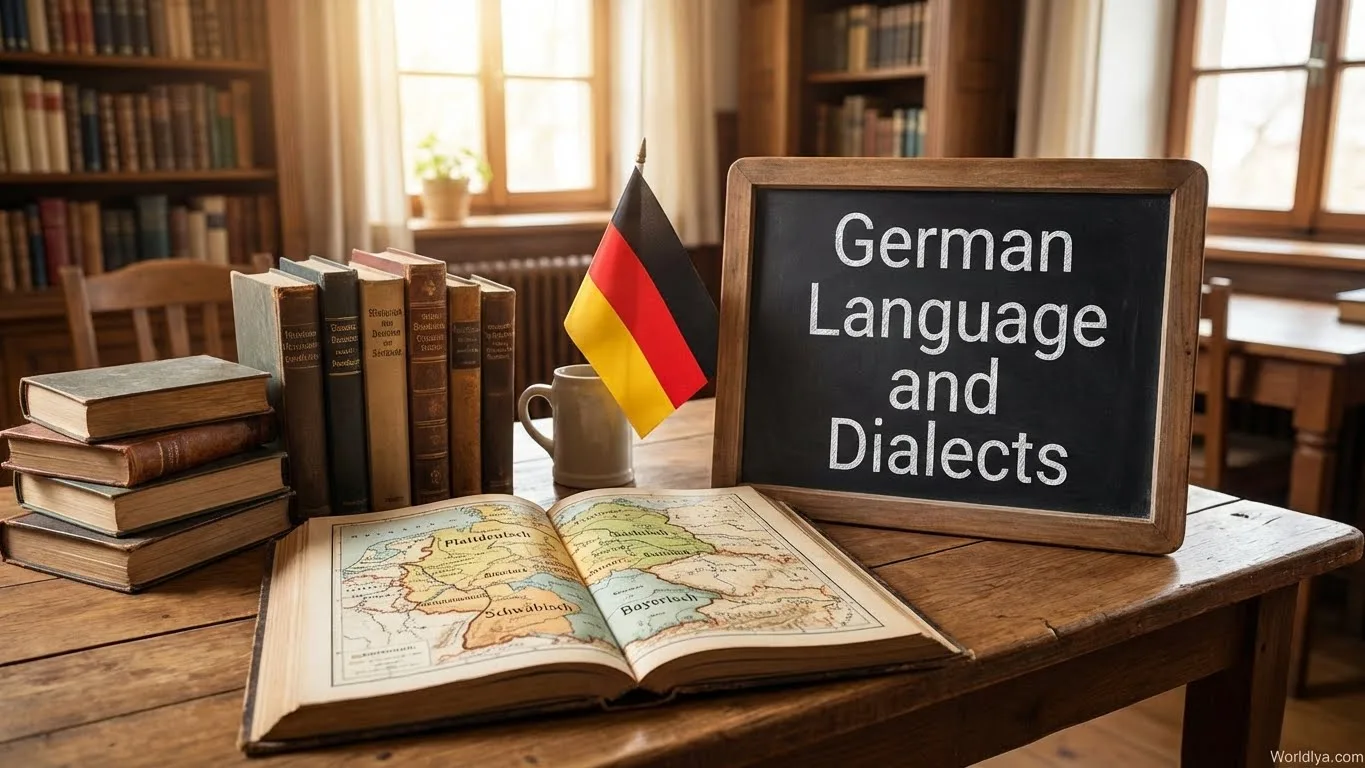 An open book and a sign about German language and dialects on a desk with sunlight coming through a window.