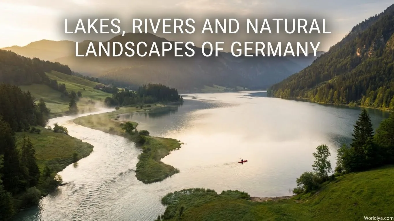 A scenic view of rivers and lakes in Germany surrounded by lush green landscapes.