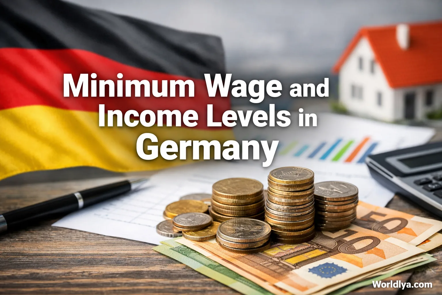 A stack of coins and a financial chart illustrating minimum wage and income levels in Germany.