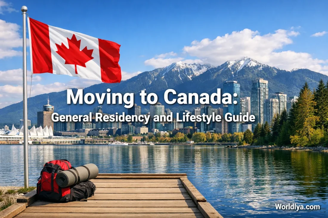 A person sits on a dock overlooking a lake with mountains and a Canadian flag in the background.