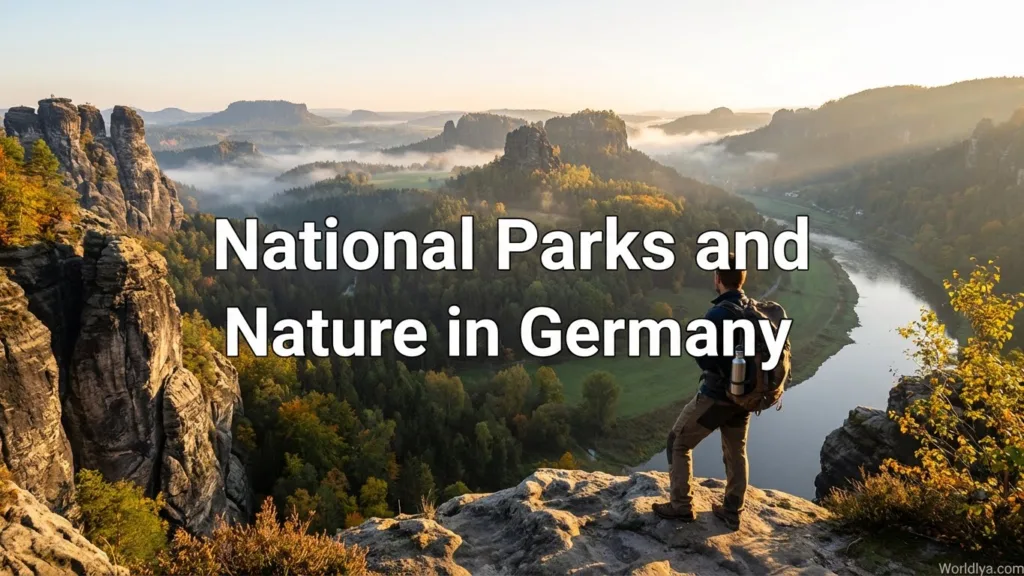 A landscape photo of Germany's national parks with mountains and a person overlooking the scenery, showing natural beauty.