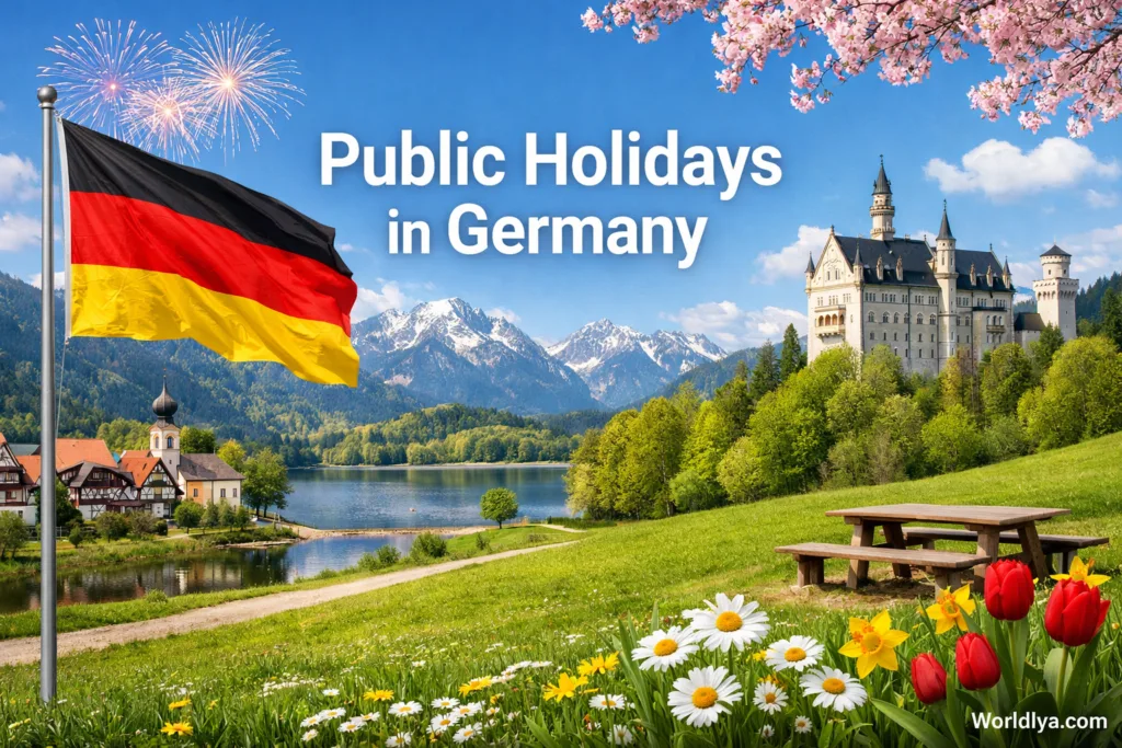 A scenic view of a mountain with a river and a historic castle, representing Germany holidays.
