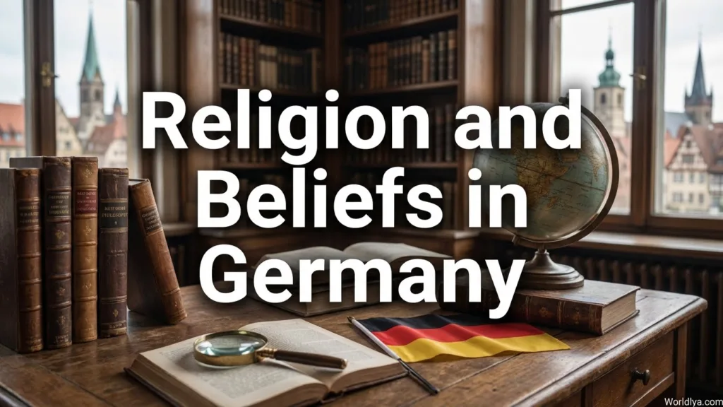 A map of Germany alongside religious books and coins symbolizing religion and beliefs in Germany.