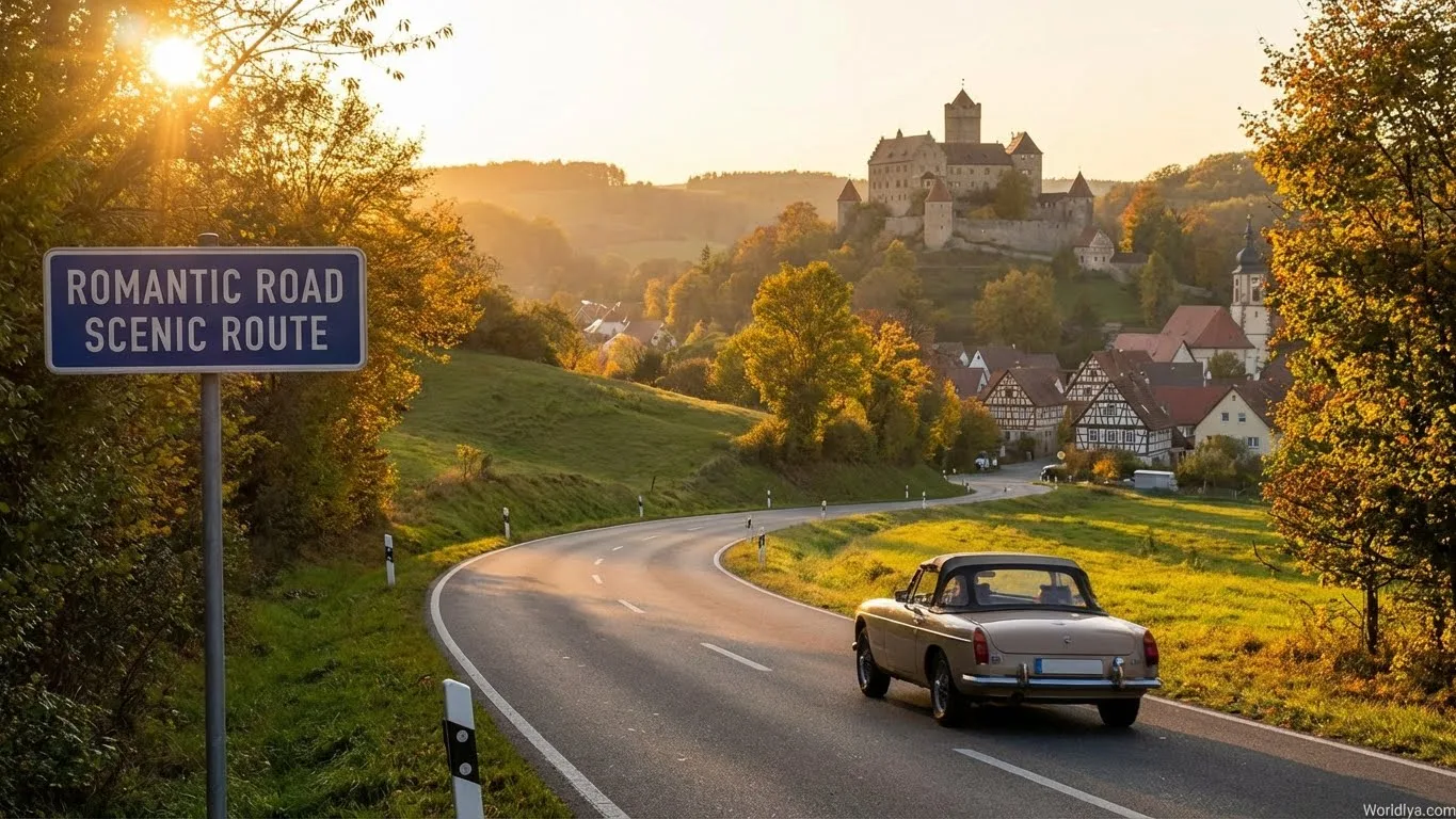 A winding road with a car and a scenic landscape from the Romantic Road in Germany at sunset.