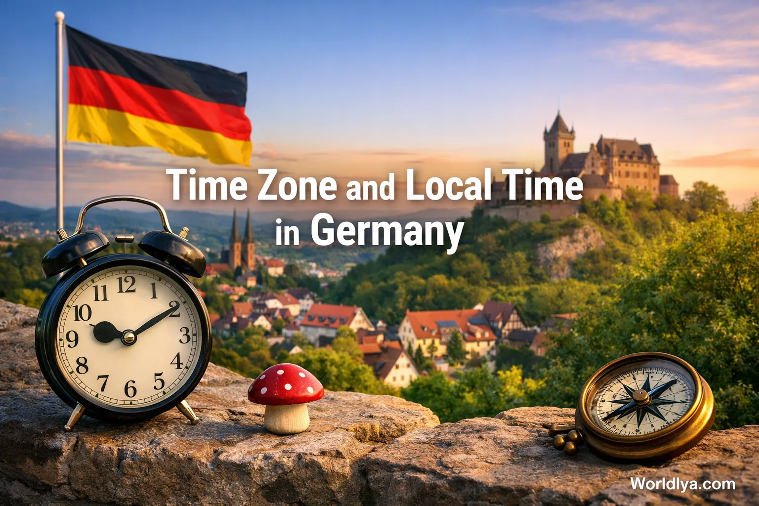 A clock and a map illustrating the time zone and local time in Germany.