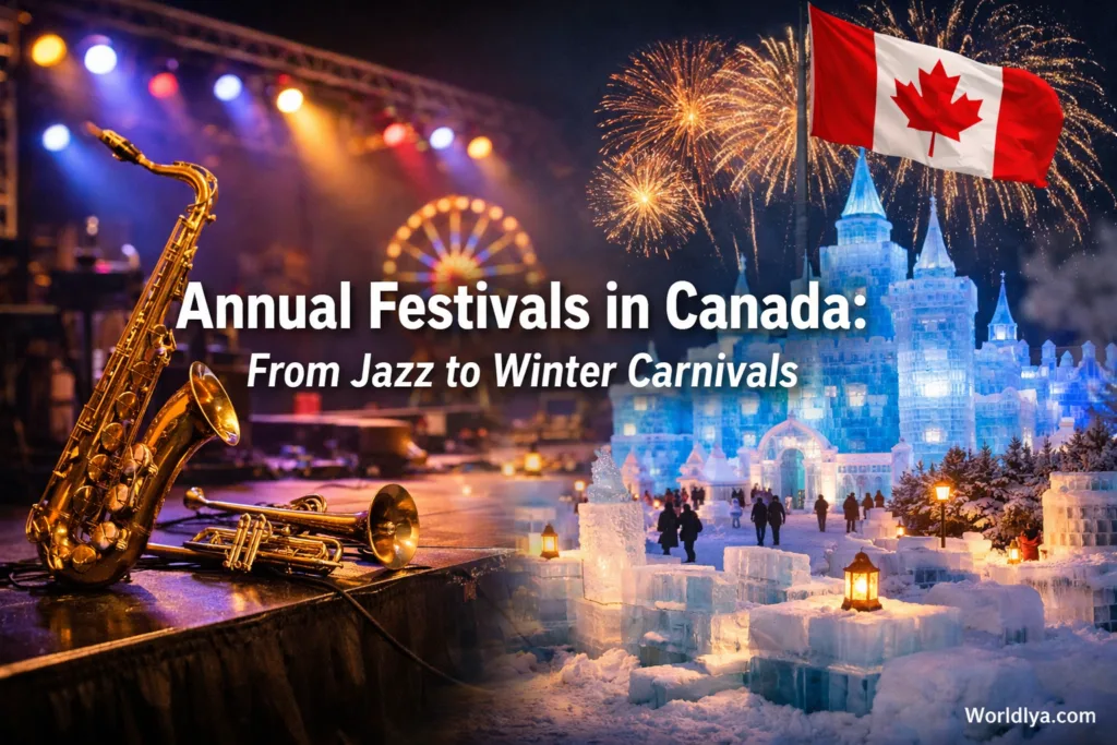 A fireworks display lights up the sky during a Canadian winter carnival.