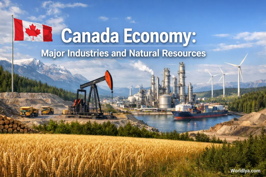 Canada's economy features oil rigs and pipelines amid fields of wheat.