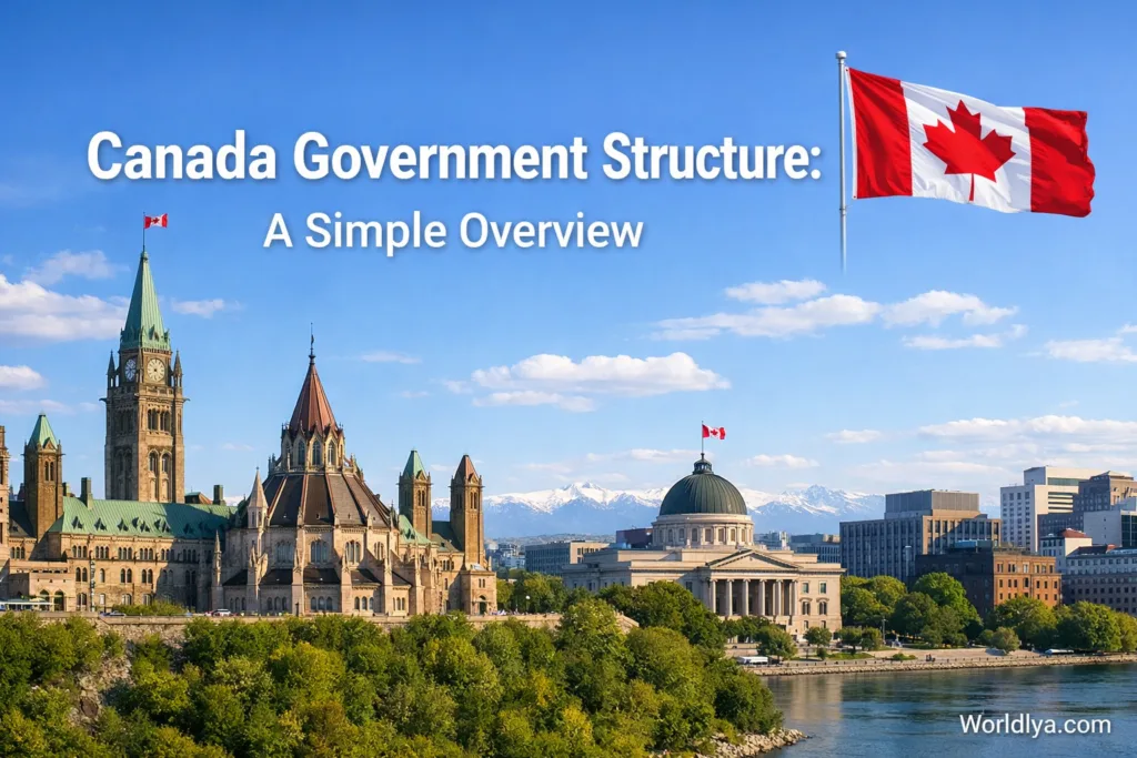 Canada flag flying atop a building with historic government structures in the background.