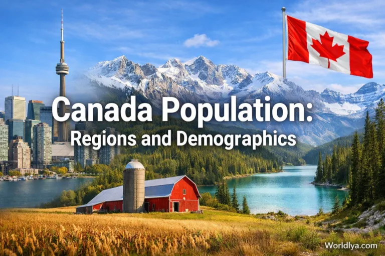 A picturesque Canadian landscape with a red barn, lake, mountains, and a maple leaf flag.