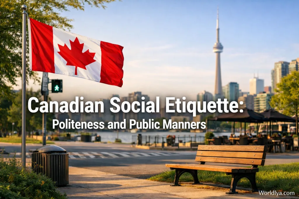 A Canadian flag flying near a city park with a bench and CN Tower in the background.