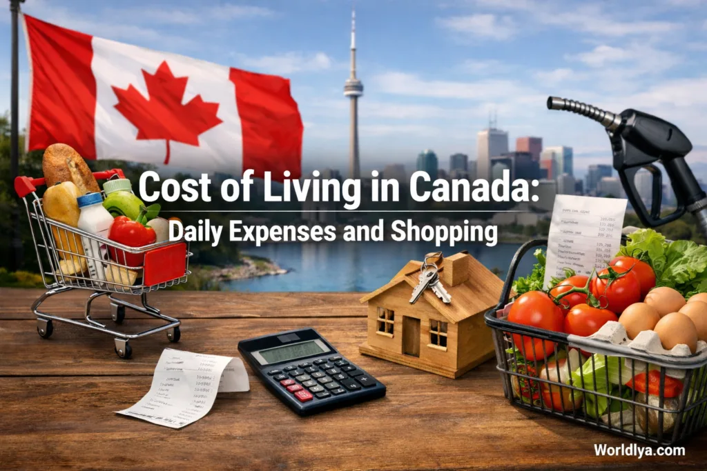 A grocery store counter with fruits and a calculator, showing Canada living costs.