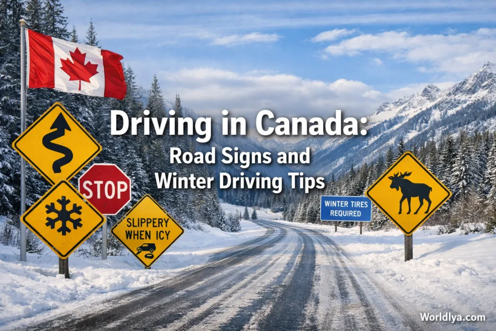 A snowy road with a yellow warning sign about icy conditions for driving in Canada tips.