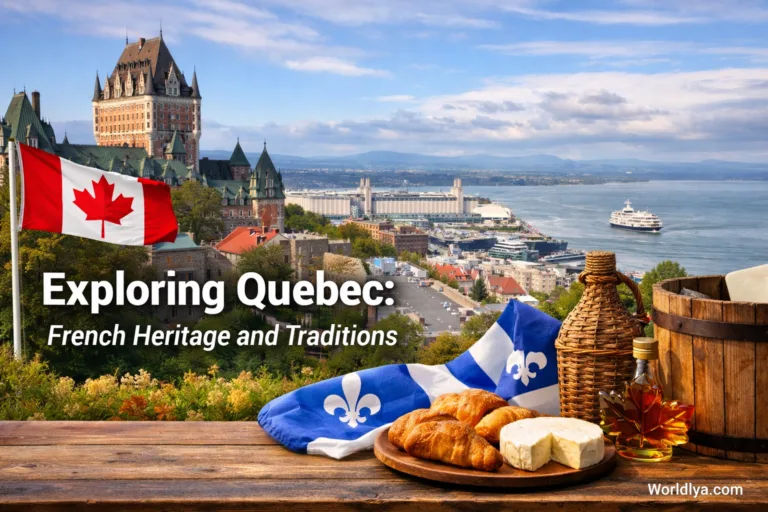 A picturesque view of Quebec's skyline with a plate of traditional maple syrup and baked goods in th…
