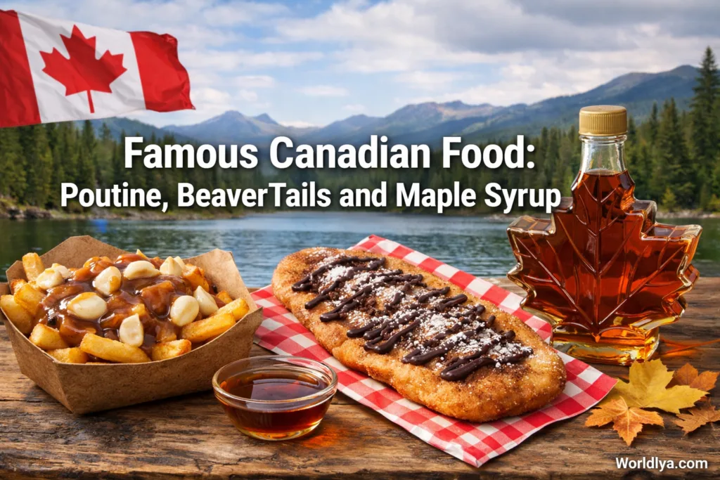 A plate of poutine topped with cheese curds and fries in Canadian cuisine.