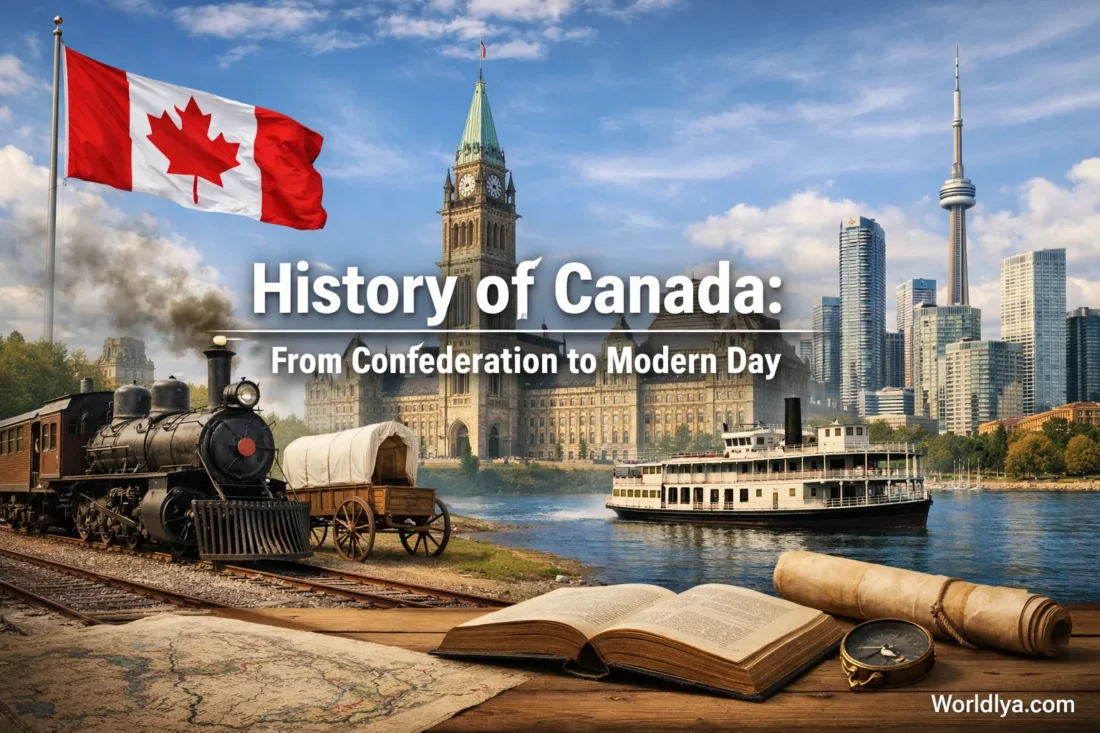 Canadian flag waves over Big Ben and skyline in this history of Canada scene.