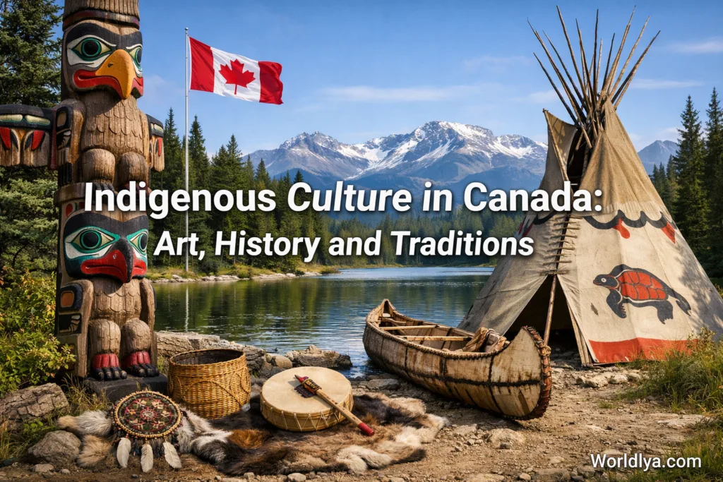 Indigenous Canada culture shown through a traditional teepee and wooden canoe